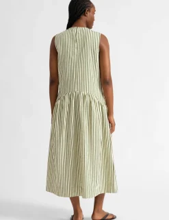 Cotton Blend Striped Midi Smock Dress