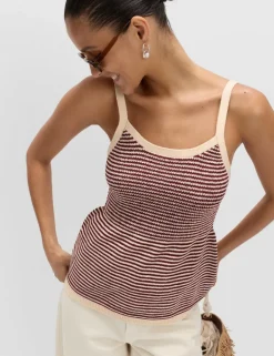 Cotton Blend Striped Square Neck Knitted Vest