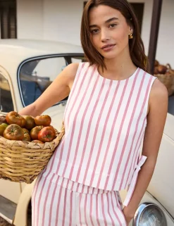 Cotton Blend Striped Tie Detail Shell Top