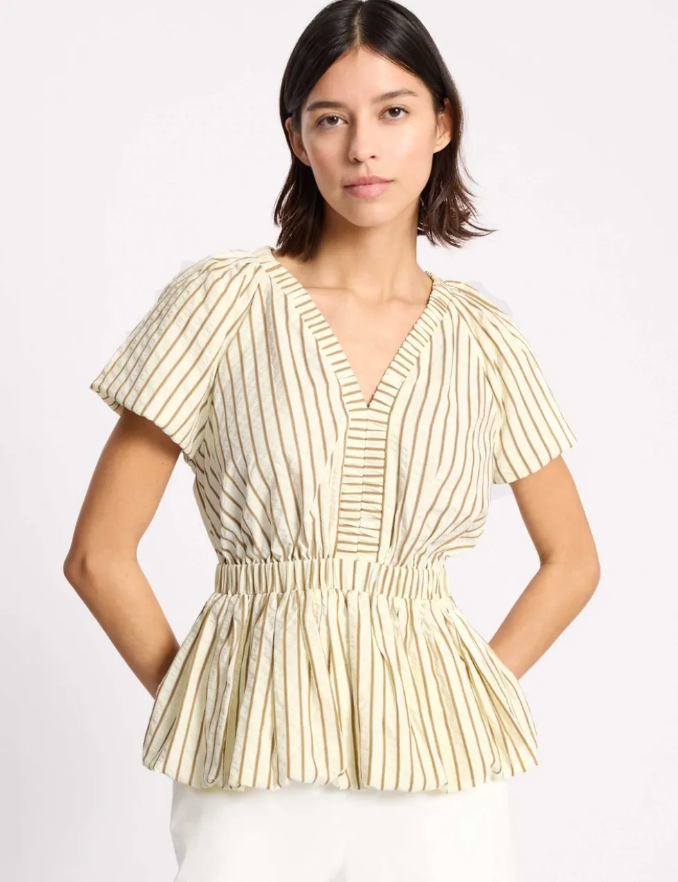 Cotton Blend Striped V-Neck Bubble Hem Top