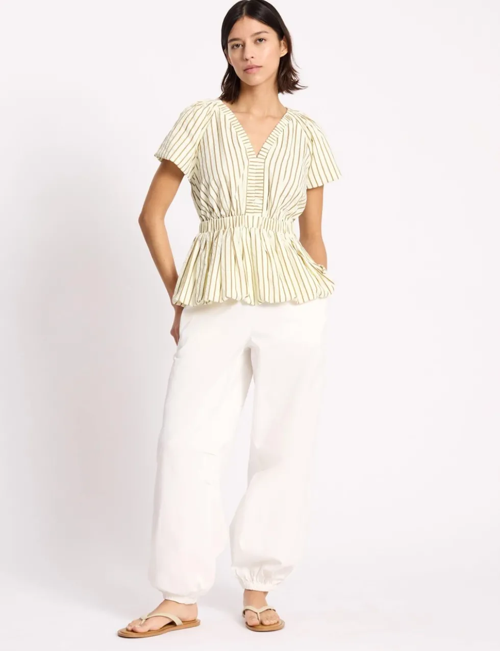 Cotton Blend Striped V-Neck Bubble Hem Top