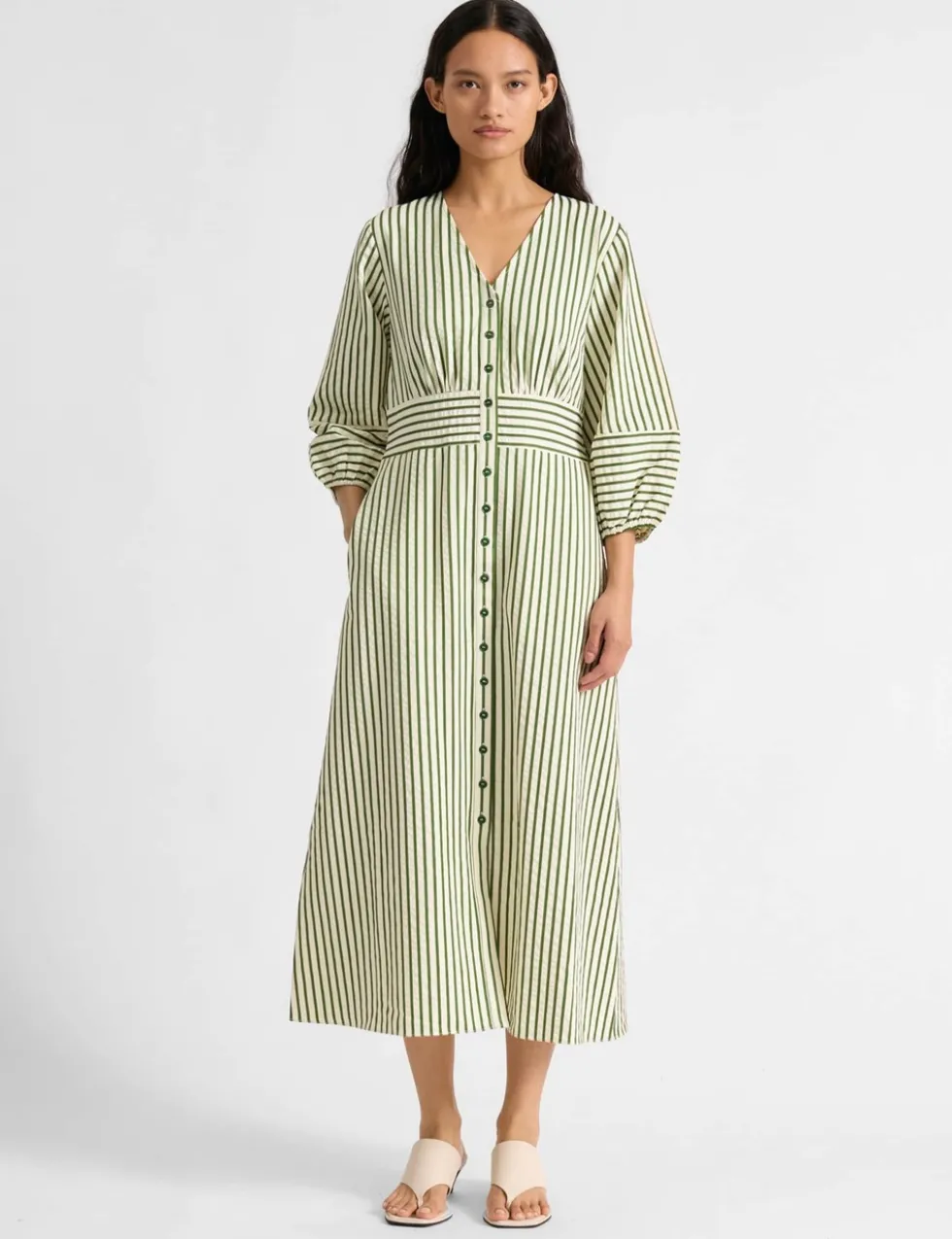 Cotton Blend Striped V-Neck Midi Shirt Dress