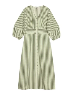 Cotton Blend Striped V-Neck Midi Shirt Dress