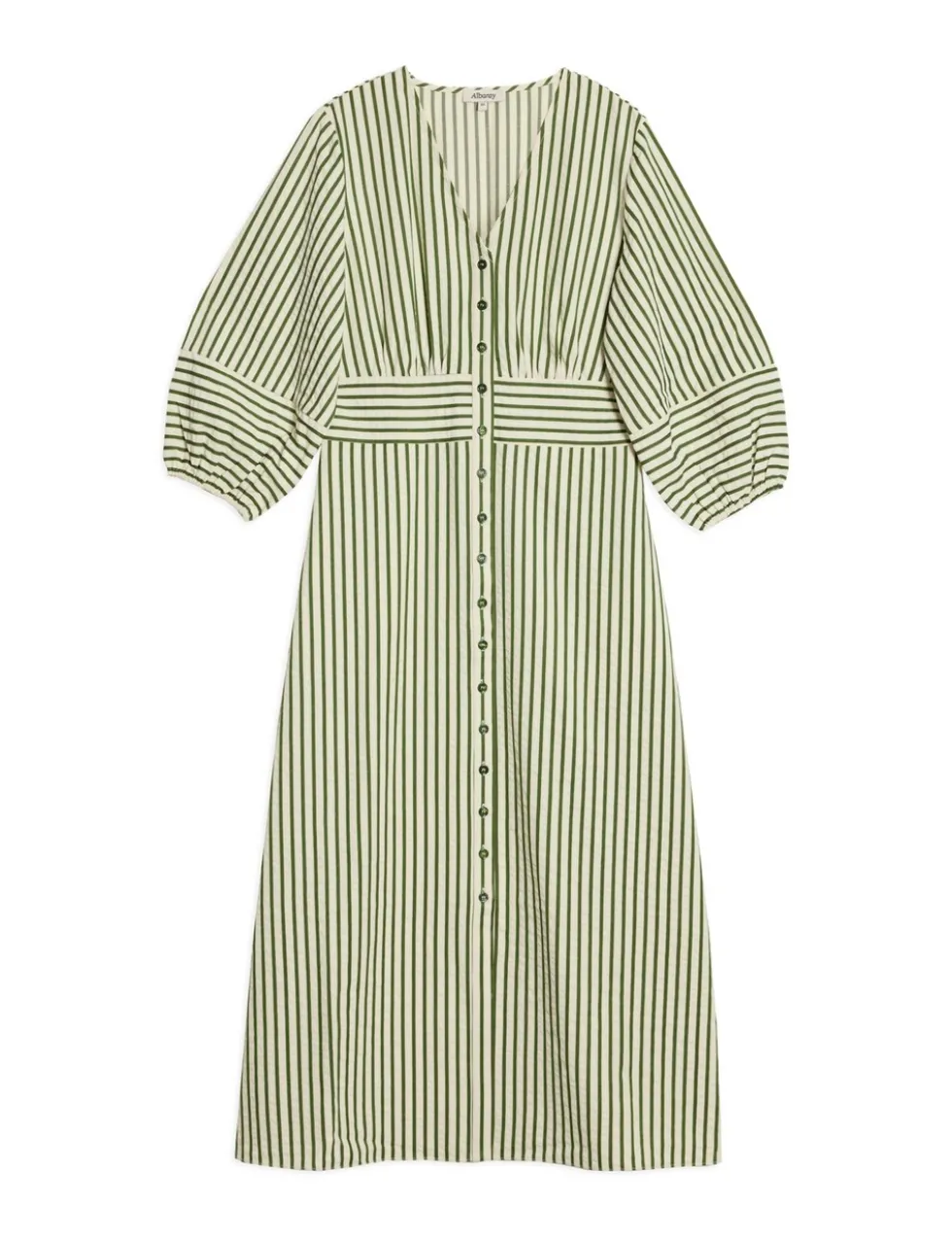 Cotton Blend Striped V-Neck Midi Shirt Dress
