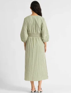 Cotton Blend Striped V-Neck Midi Shirt Dress