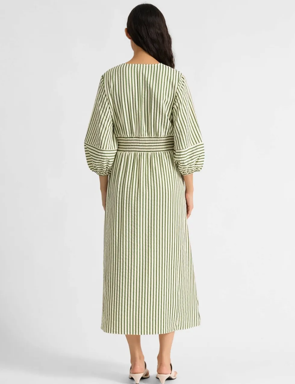 Cotton Blend Striped V-Neck Midi Shirt Dress