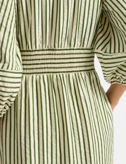 Cotton Blend Striped V-Neck Midi Shirt Dress