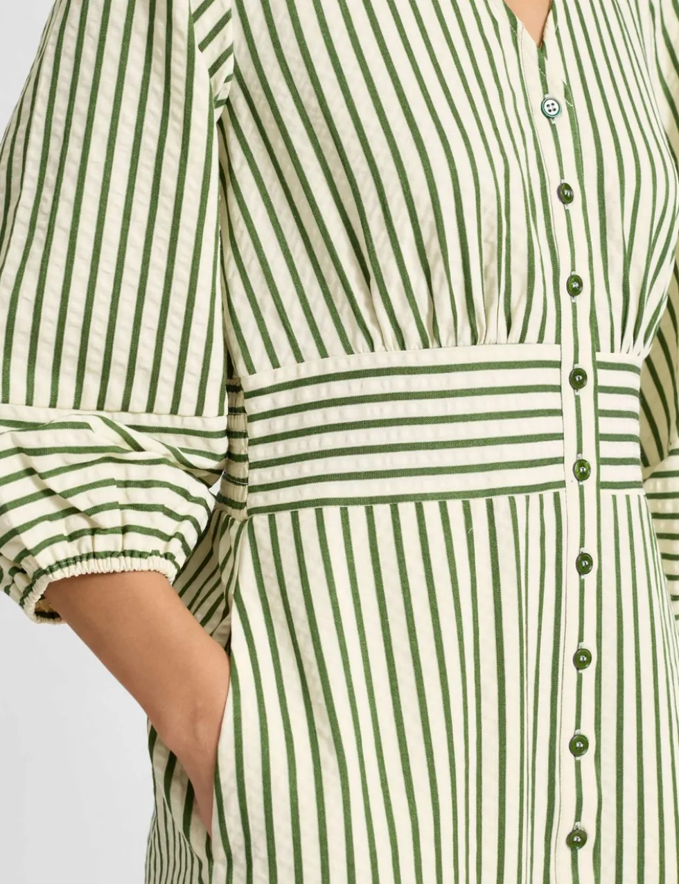 Cotton Blend Striped V-Neck Midi Shirt Dress