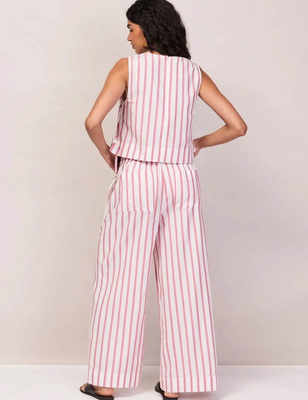 Cotton Blend Striped Wide Leg Trousers