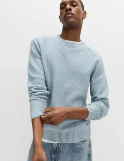 Cotton Blend Textured Crew Neck Jumper