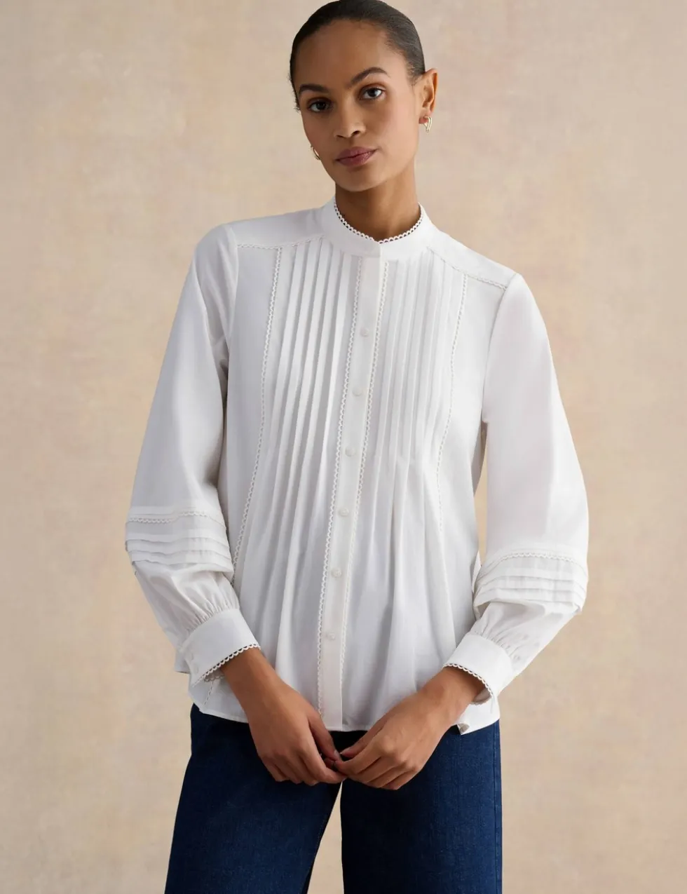 Cotton Blend Textured High Neck Blouse