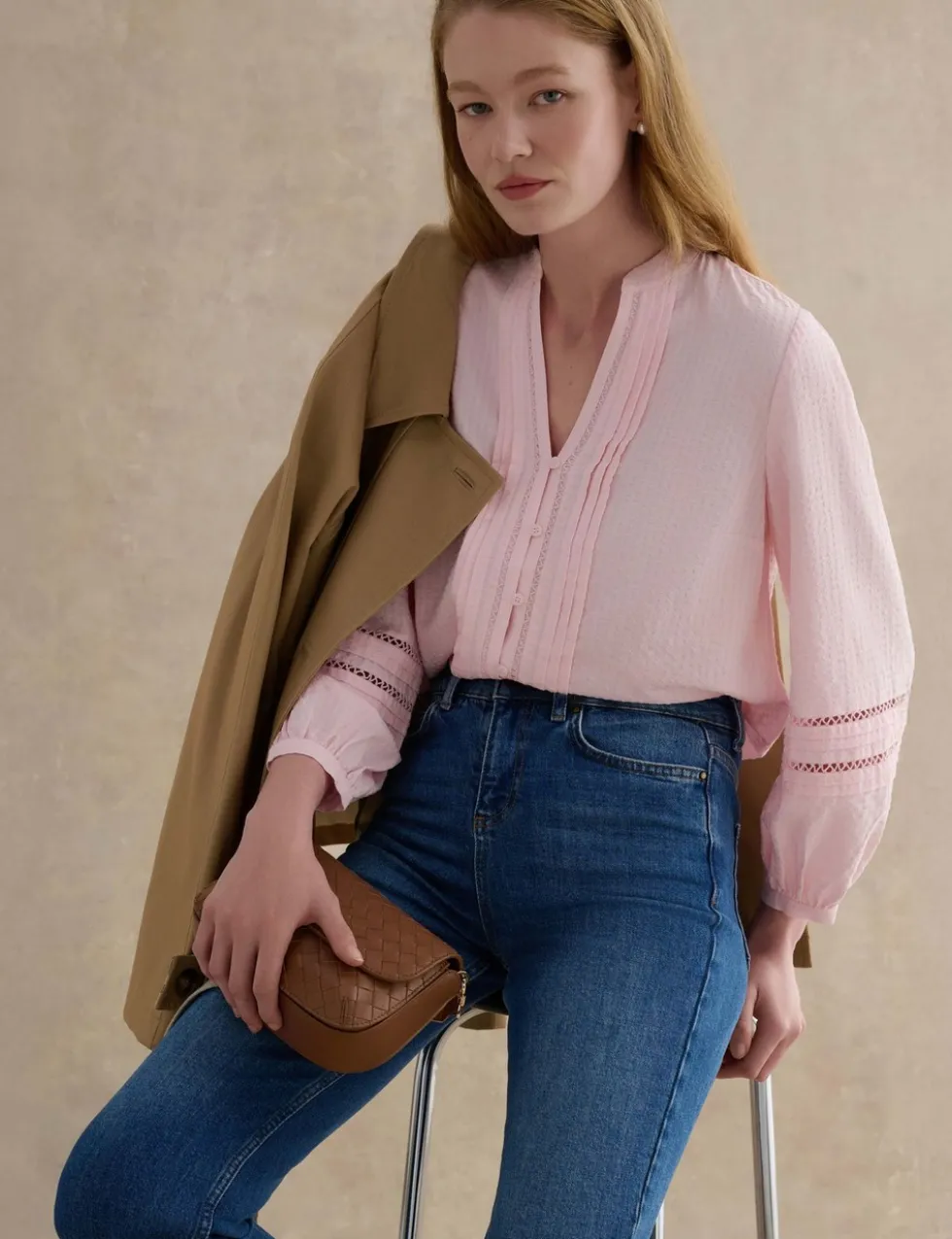 Cotton Blend Textured Notch Neck Blouse