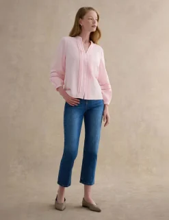 Cotton Blend Textured Notch Neck Blouse