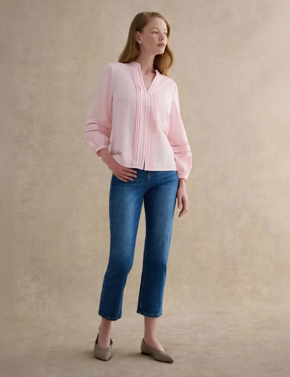 Cotton Blend Textured Notch Neck Blouse
