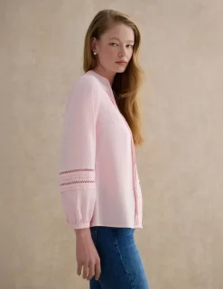 Cotton Blend Textured Notch Neck Blouse
