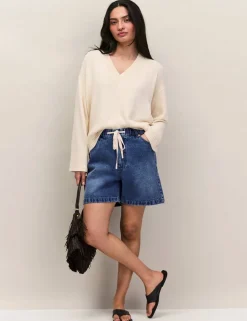 Cotton Blend Textured V-Neck Relaxed Jumper