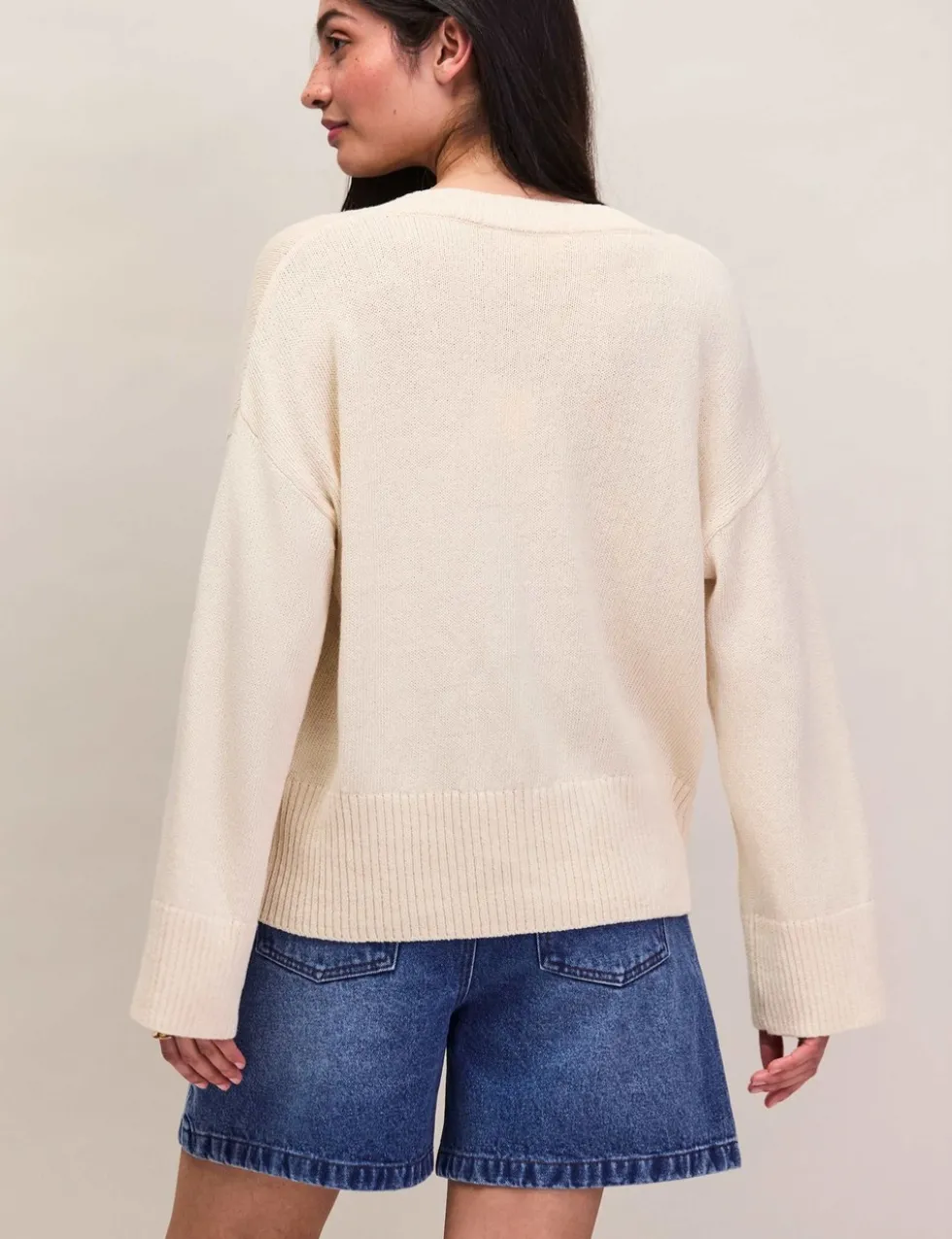 Cotton Blend Textured V-Neck Relaxed Jumper