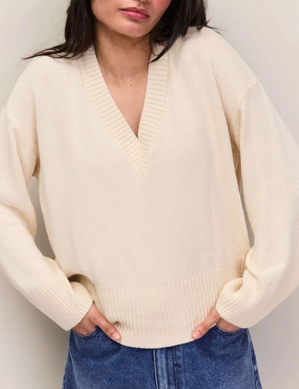 Cotton Blend Textured V-Neck Relaxed Jumper