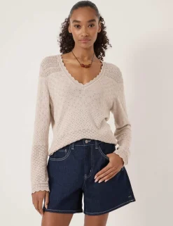 Cotton Blend Textured V-Neck Jumper