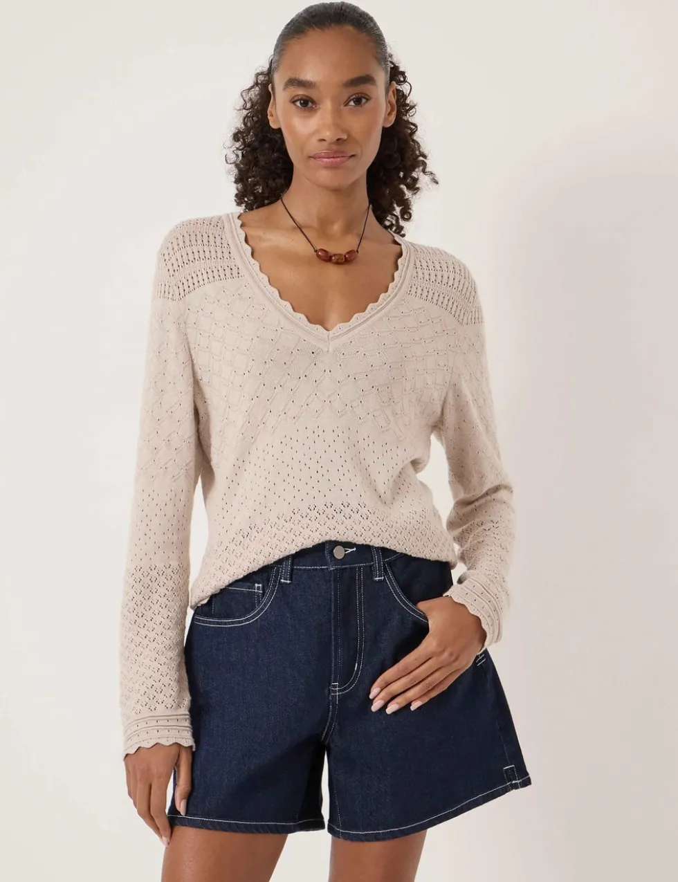 Cotton Blend Textured V-Neck Jumper