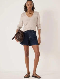 Cotton Blend Textured V-Neck Jumper