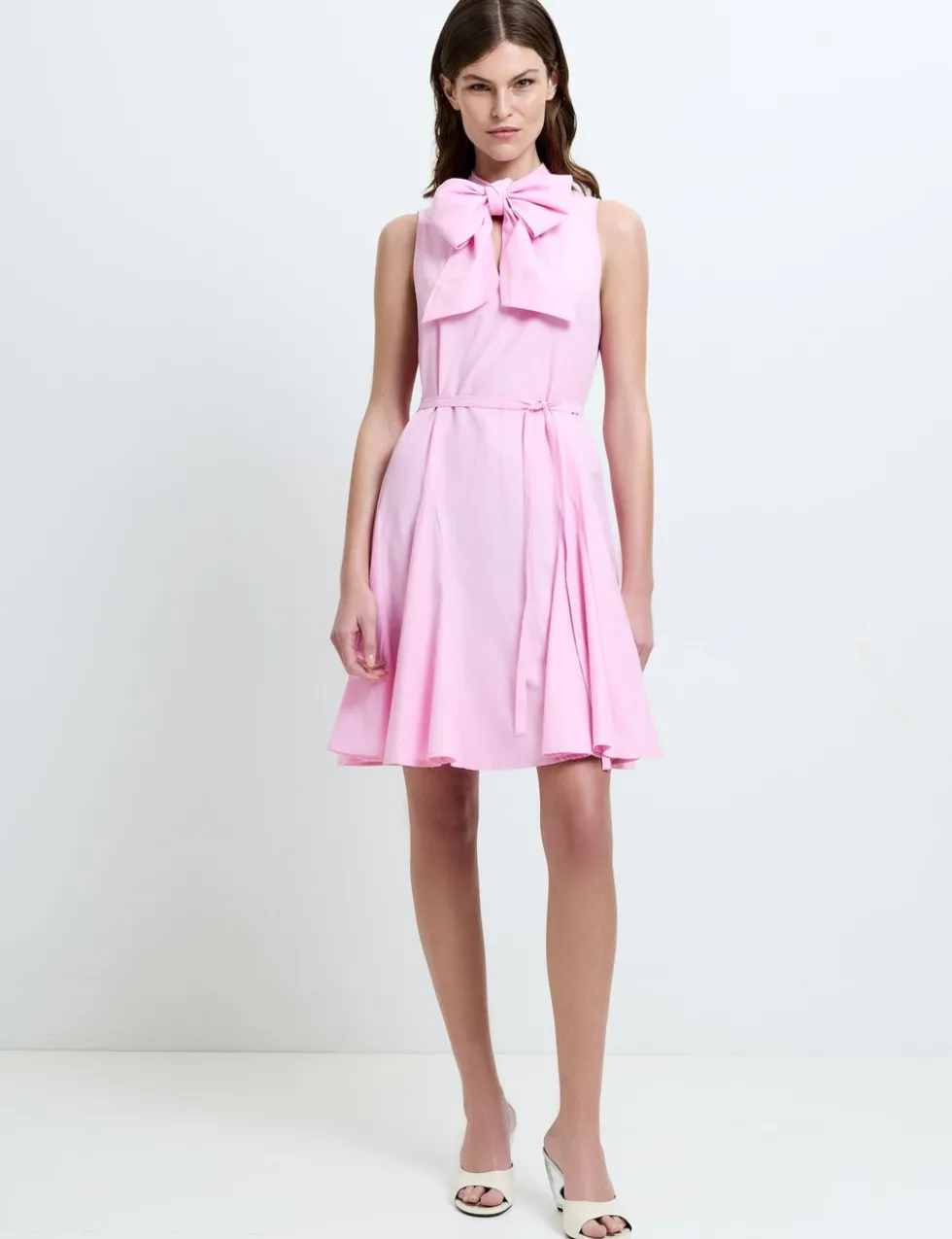 Cotton Blend Tie Neck Pleated Mini Skater Dress