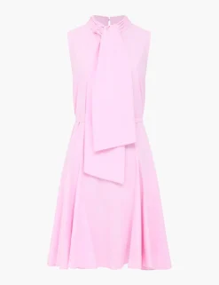 Cotton Blend Tie Neck Pleated Mini Skater Dress