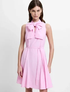 Cotton Blend Tie Neck Pleated Mini Skater Dress