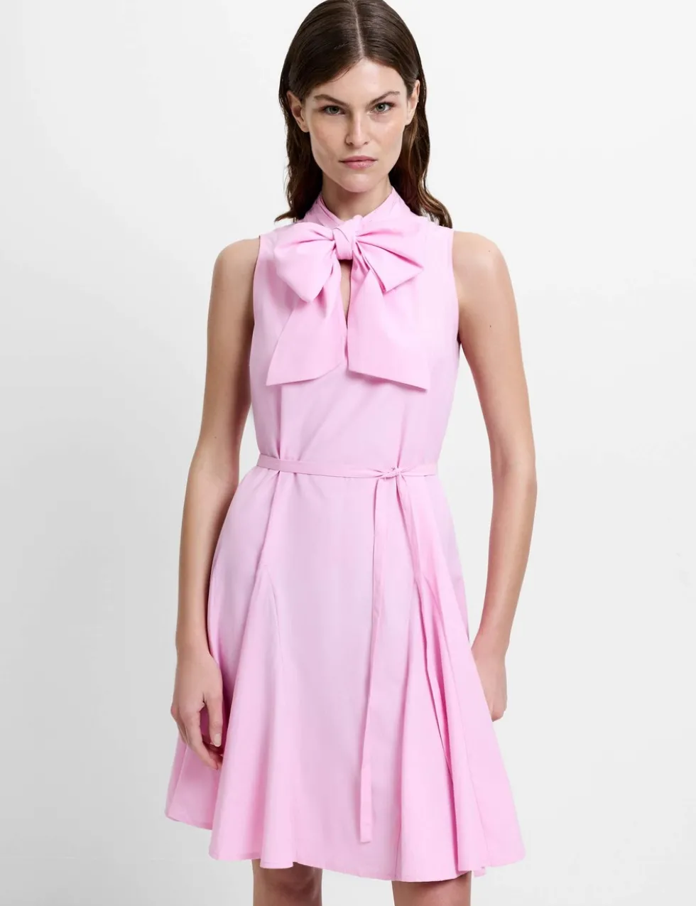 Cotton Blend Tie Neck Pleated Mini Skater Dress