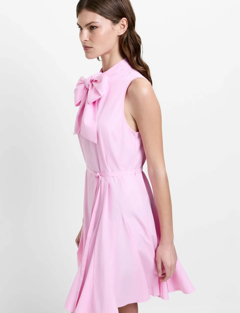 Cotton Blend Tie Neck Pleated Mini Skater Dress