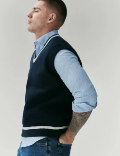 Cotton Blend Tipped V-Neck Knitted Vest