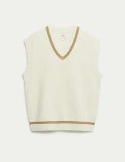 Cotton Blend Tipped V-Neck Knitted Vest