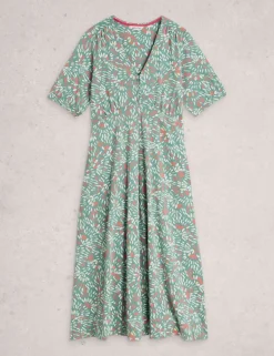 Cotton Blend V-Neck Midi Tea Dress