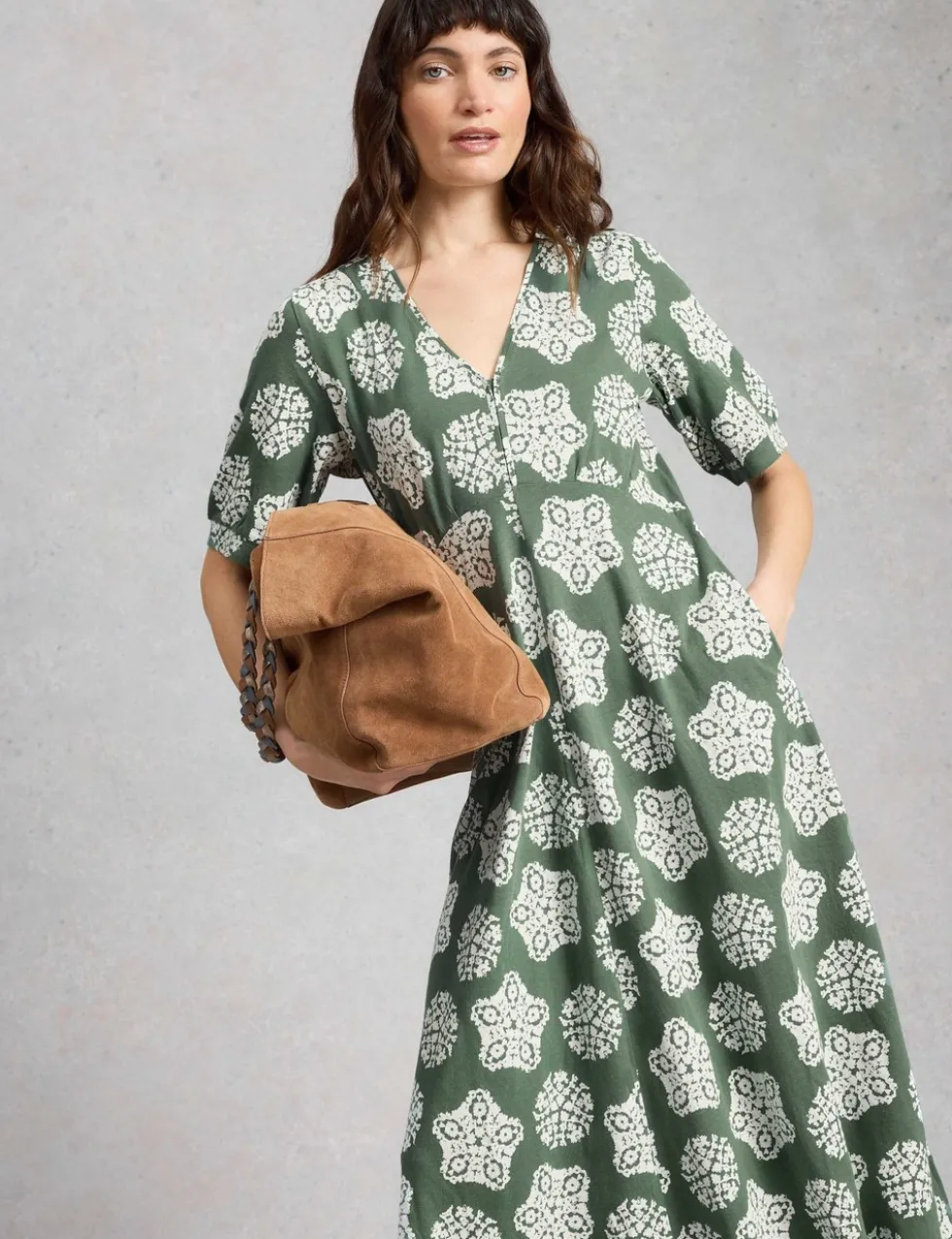 Cotton Blend V-Neck Midi Tea Dress