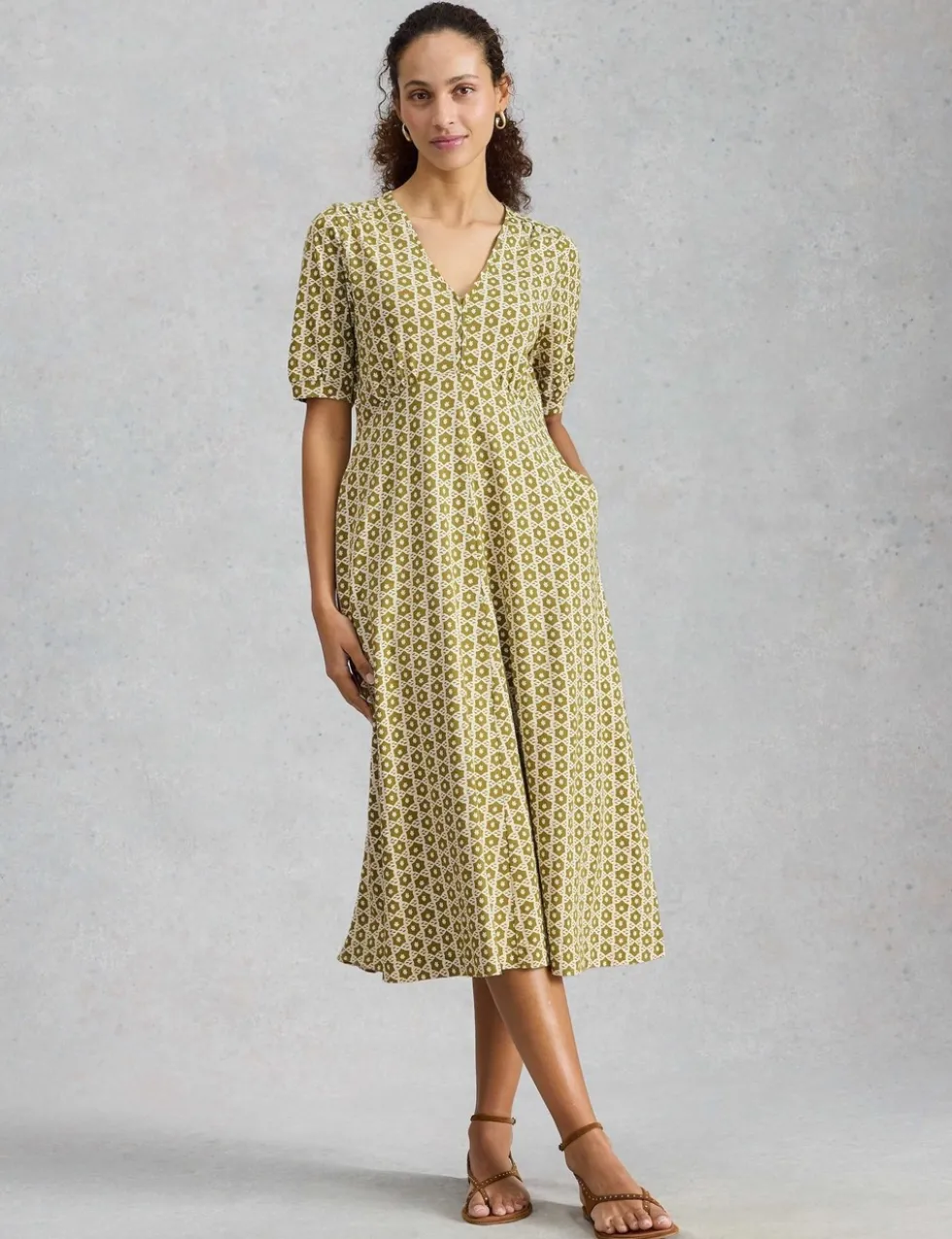 Cotton Blend V-Neck Midi Tea Dress