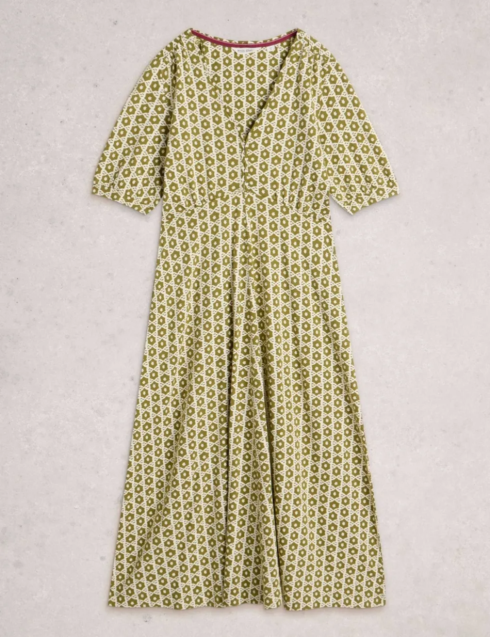 Cotton Blend V-Neck Midi Tea Dress