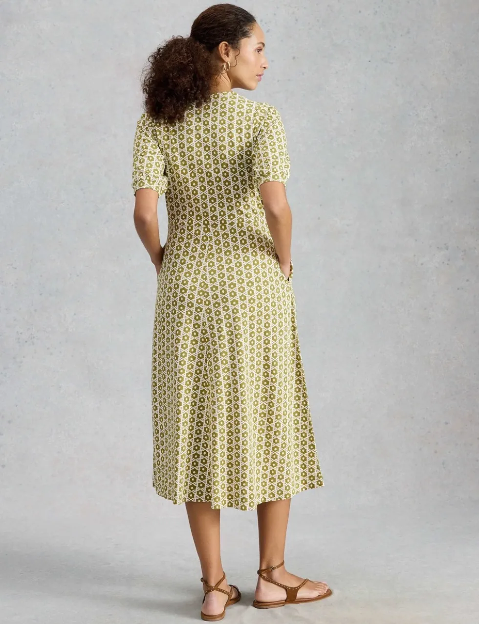 Cotton Blend V-Neck Midi Tea Dress