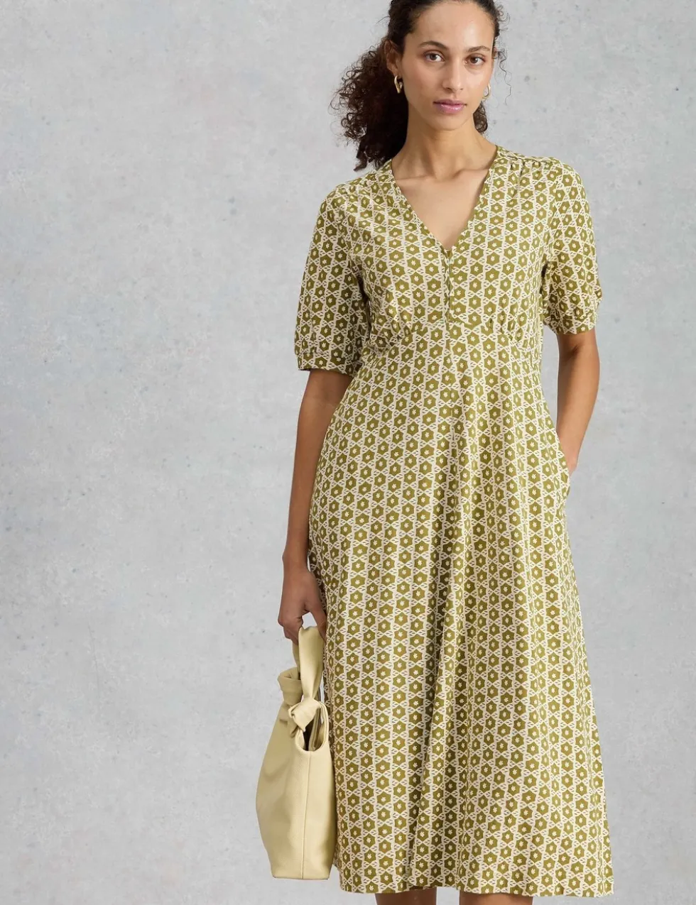 Cotton Blend V-Neck Midi Tea Dress