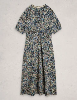 Cotton Blend V-Neck Midi Tea Dress