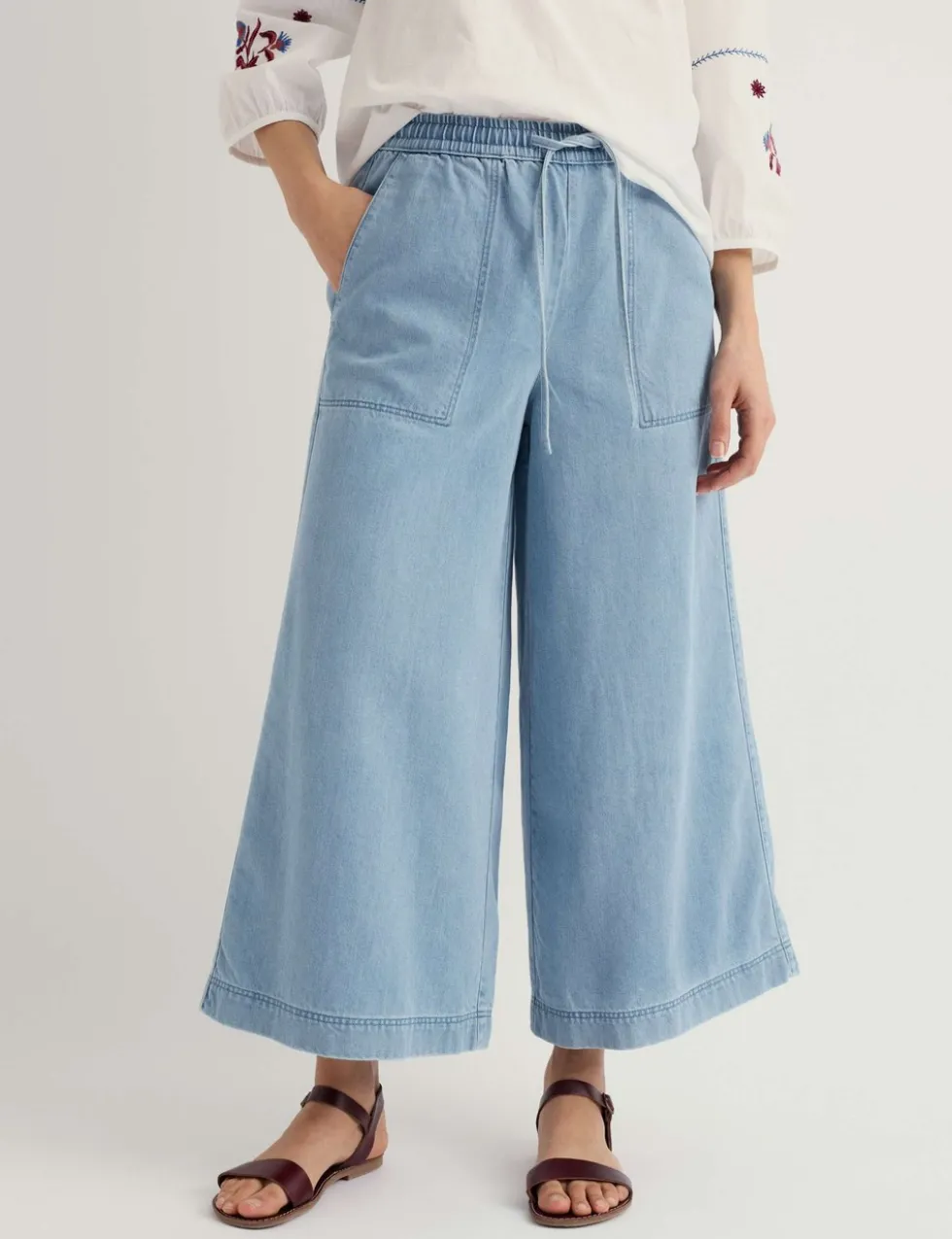 Cotton Blend Wide Leg Cropped Culottes