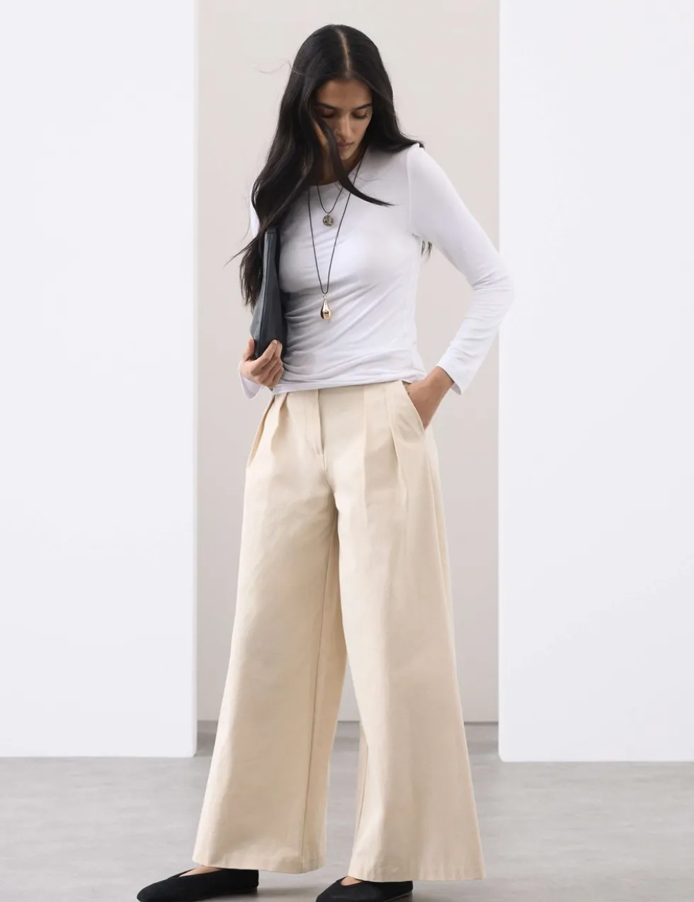 Cotton Blend Wide Leg Trousers