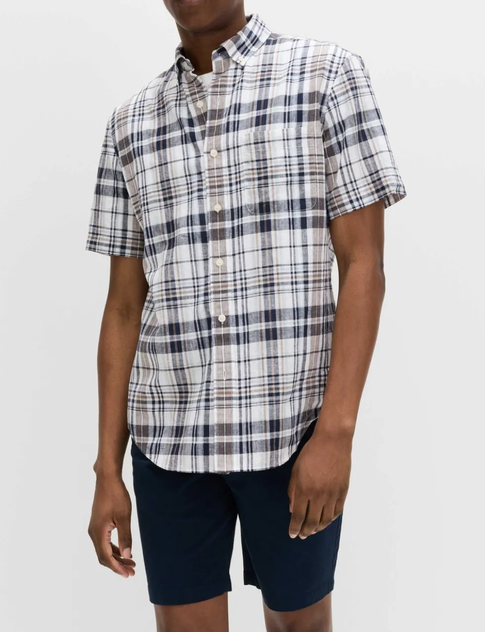 Cotton Linen Blend Check Short Sleeve Shirt
