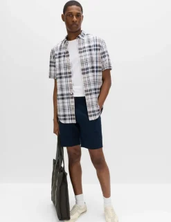 Cotton Linen Blend Check Short Sleeve Shirt