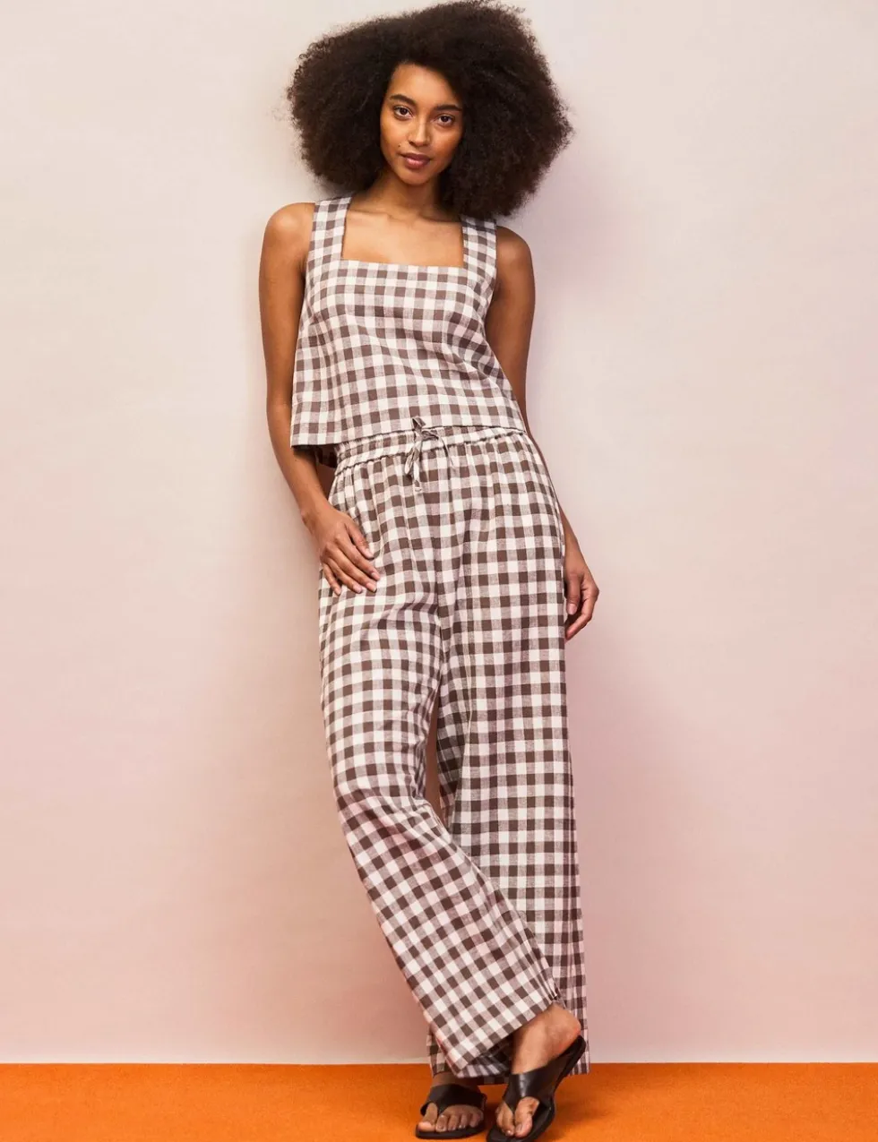 Cotton Linen Blend Gingham Casual Trousers