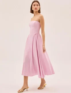 Cotton Linen Blend Square Neck Midi Dress