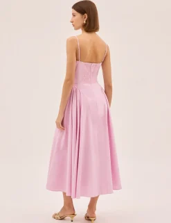 Cotton Linen Blend Square Neck Midi Dress