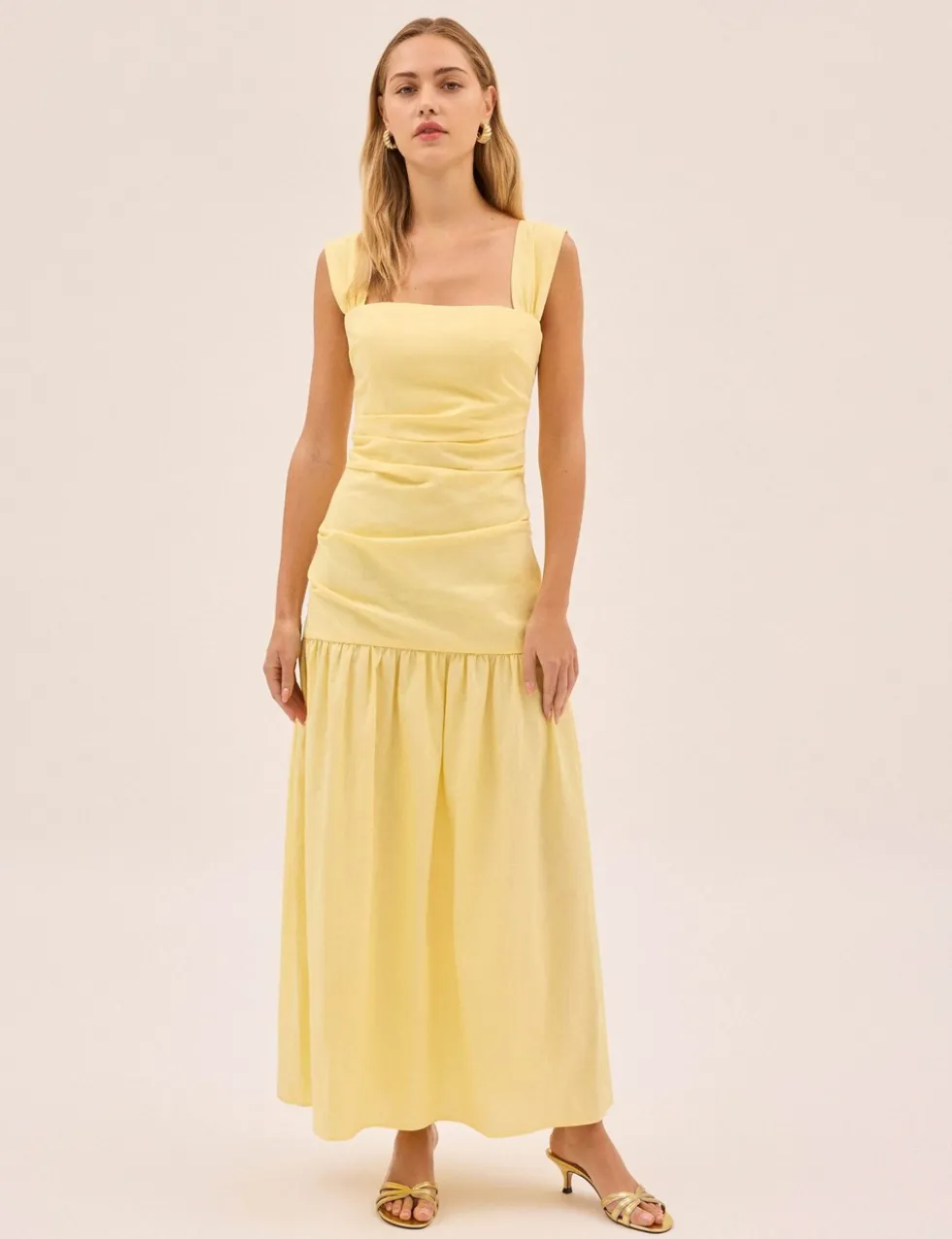 Cotton Linen Blend Square Neck Midaxi Dress