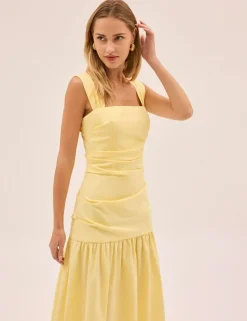Cotton Linen Blend Square Neck Midaxi Dress