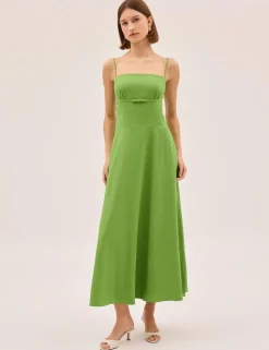Cotton Linen Blend Square Neck Midi Dress