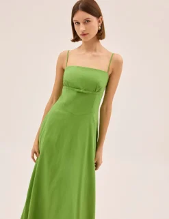 Cotton Linen Blend Square Neck Midi Dress